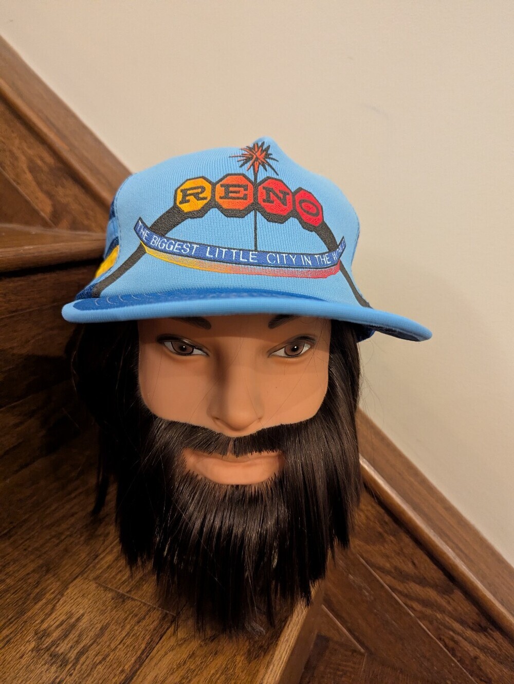Vintage 1980s  Reno  Nevada SnapBack Trucker Hat Cap in Multi blue and Yellow